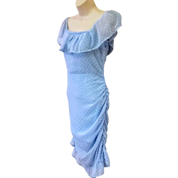 Eilly Bazar Light Blue Raised Dot On/Off Shoulder Ruffle Ruched Dress,Large - Picture 4 of 16